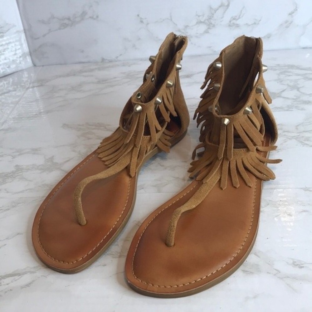Gianni Bini Women's Leather Fringe Gladiator Sandals Brown 9.5M